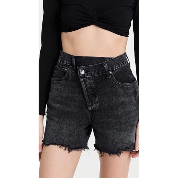 AGOLDE Shorts Women's 26 Black Criss Cross Button Fly Hitchhike Denim Organic - Picture 1 of 16